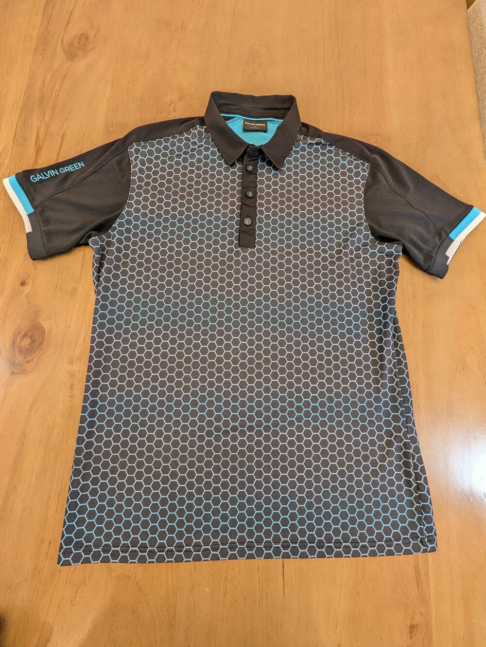 Galvin Green Men's Black & Aqua Honeycomb Hex-Pattern Polo Mens Size Small